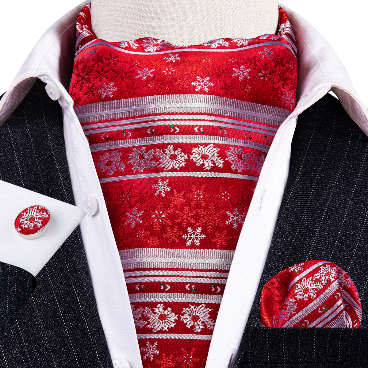 Red Silver Christmas Snowflake Ascot Set - GentCrest