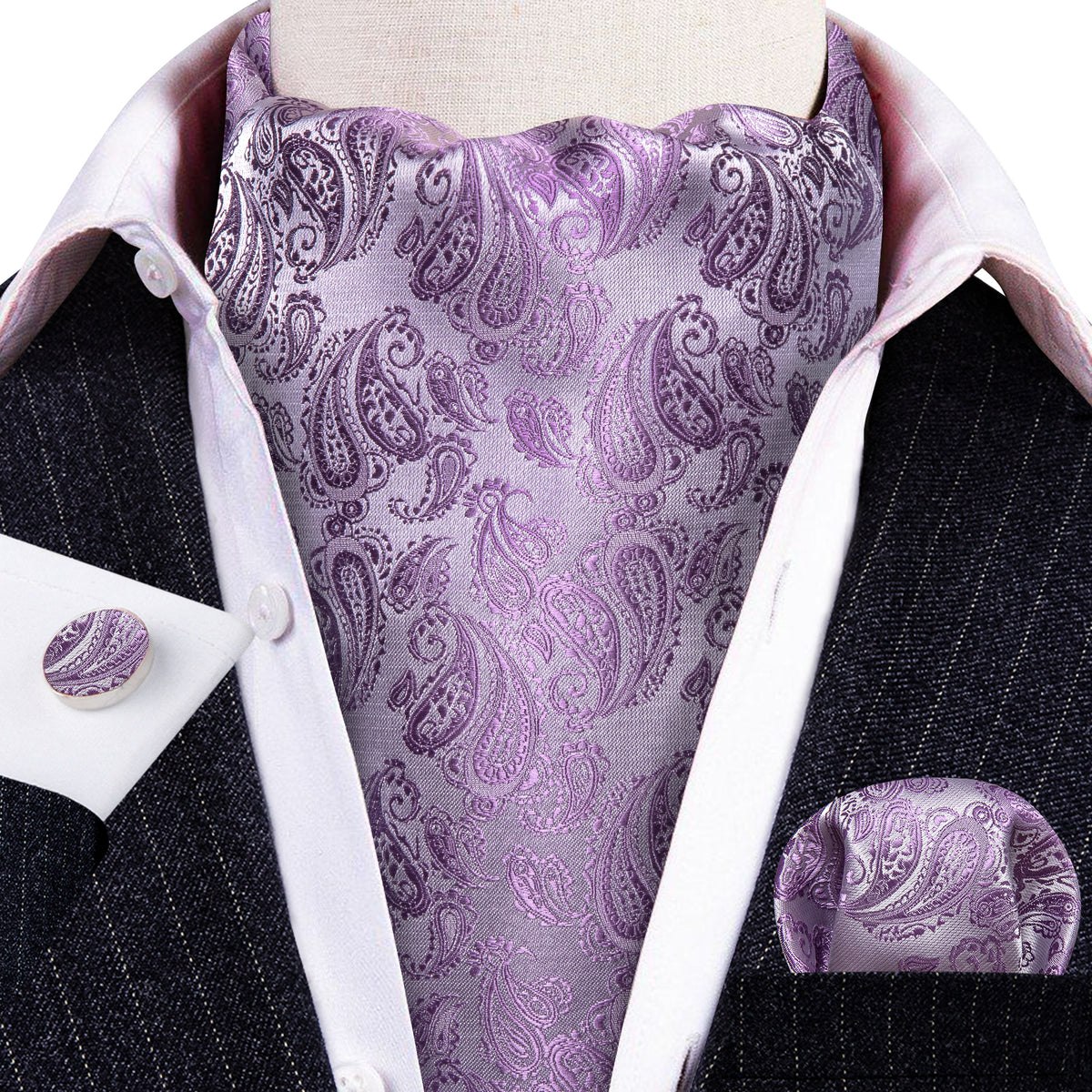 Purple White Paisley Ascot Set - GentCrest