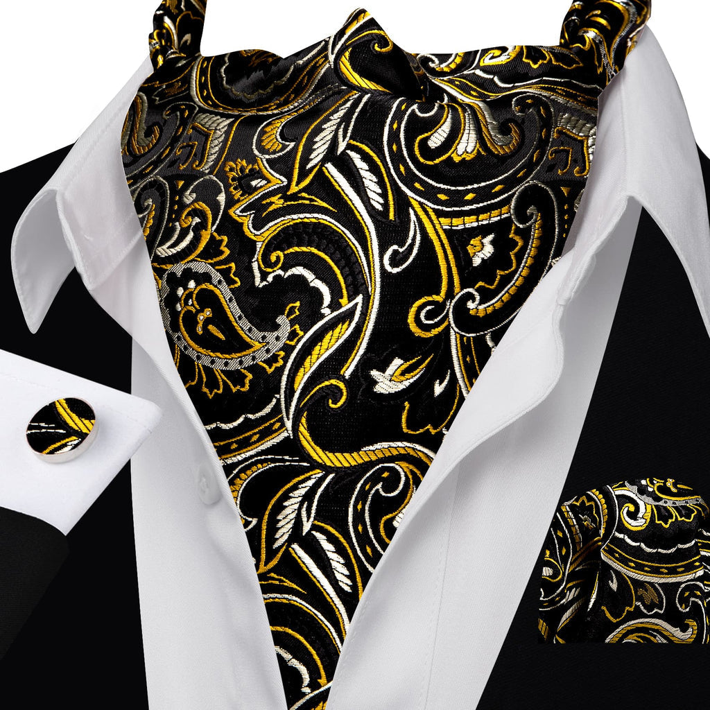 Black Beige Yellow Floral Ascot Set - GentCrest - View 2