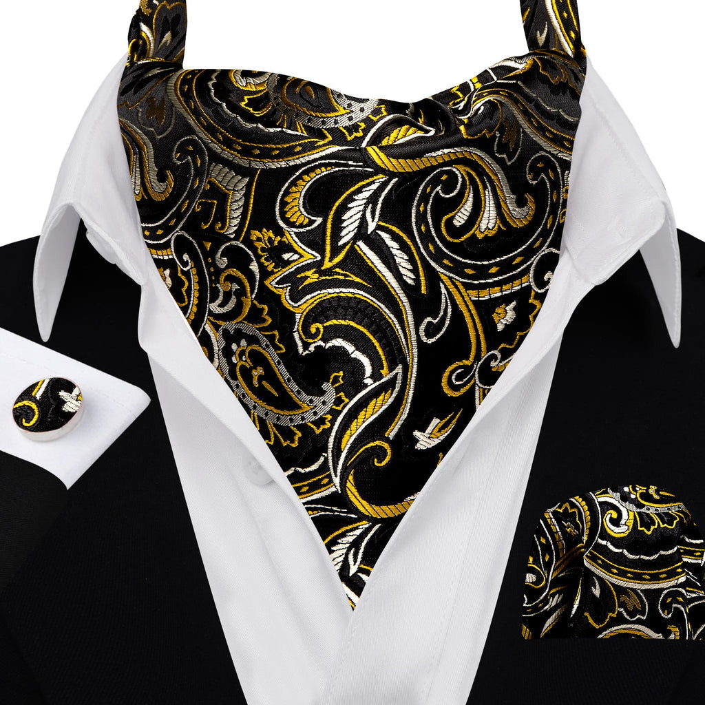 Black Beige Yellow Floral Ascot Set - GentCrest - View 3