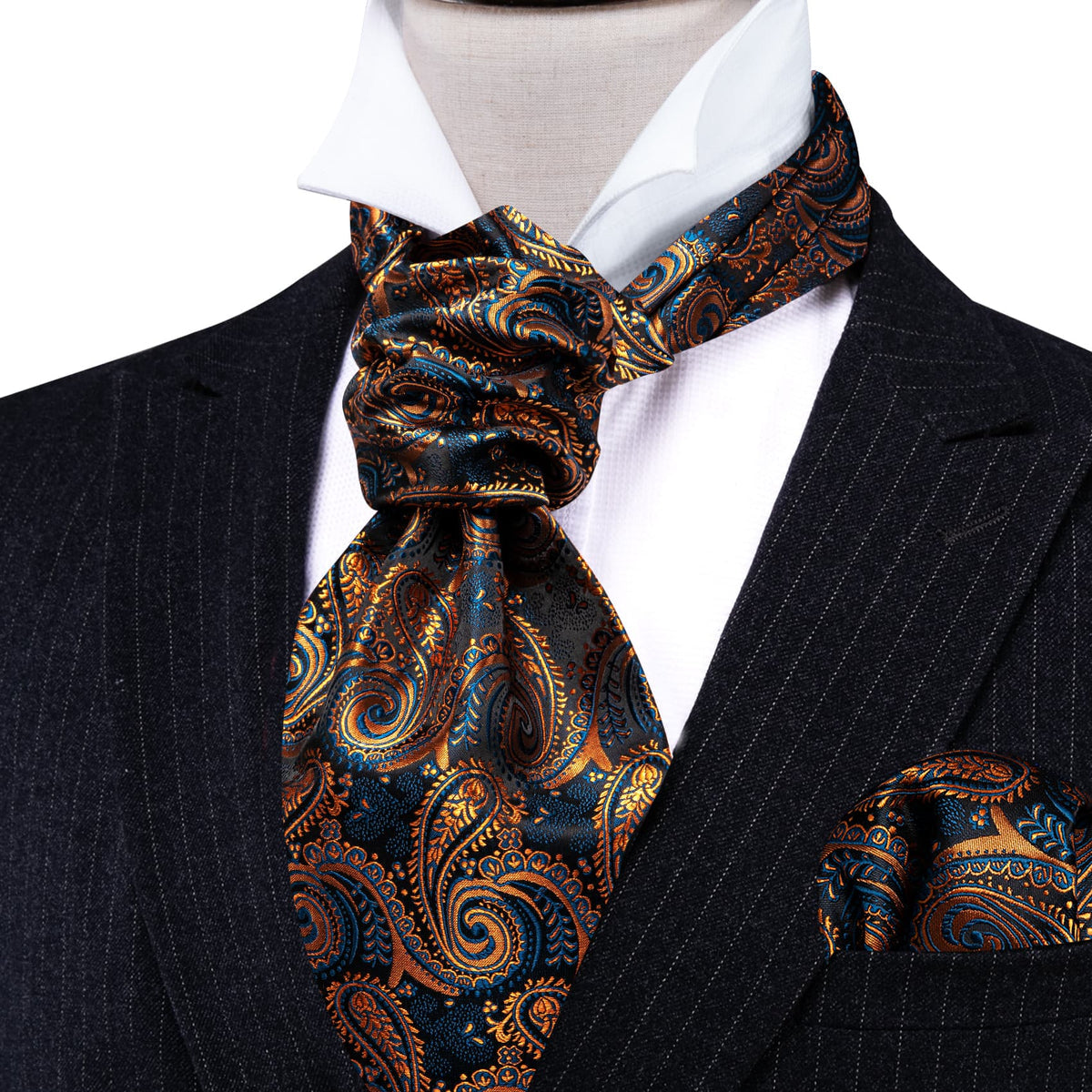 Dark Blue Golden Paisley Ascot Set - GentCrest