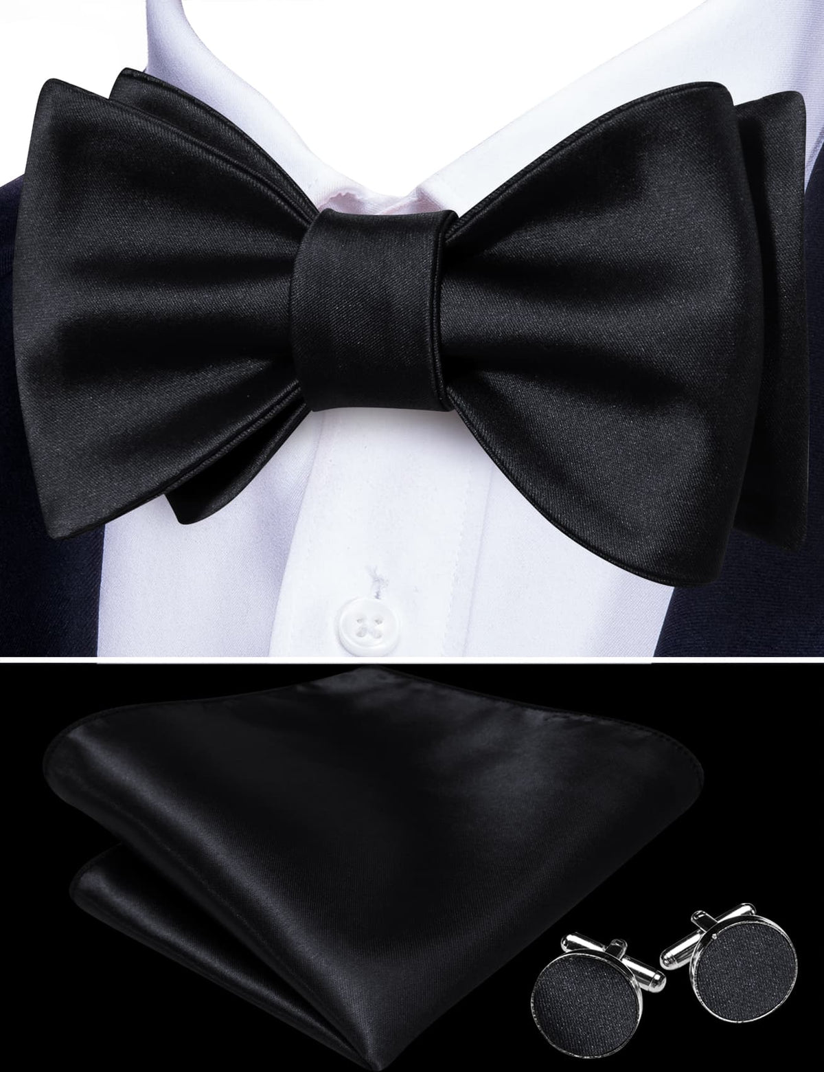 Black Solid Bow Tie Set - GentCrest - View 2