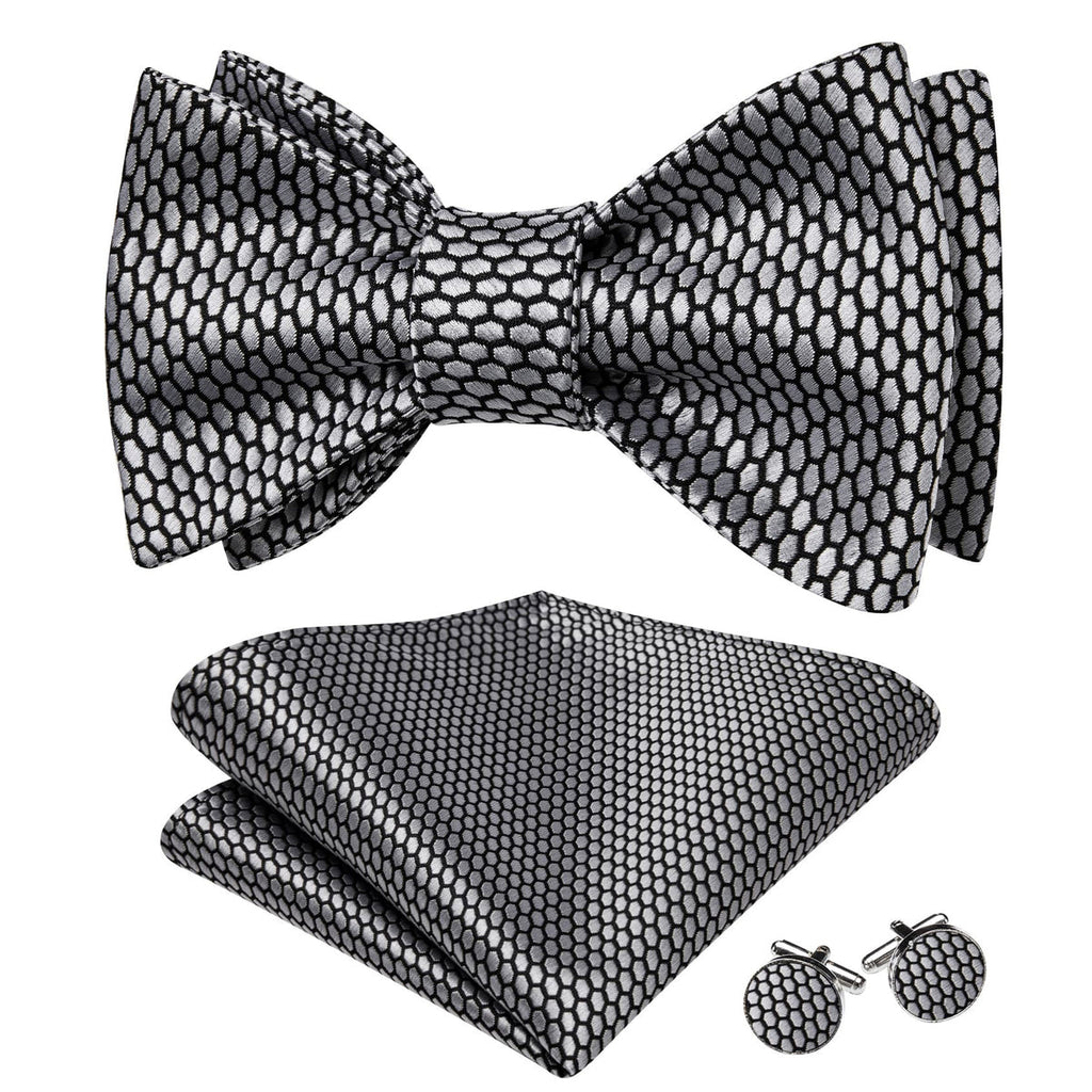 Black Silver Geometric Self-Tied Bow Tie Set - GentCrest