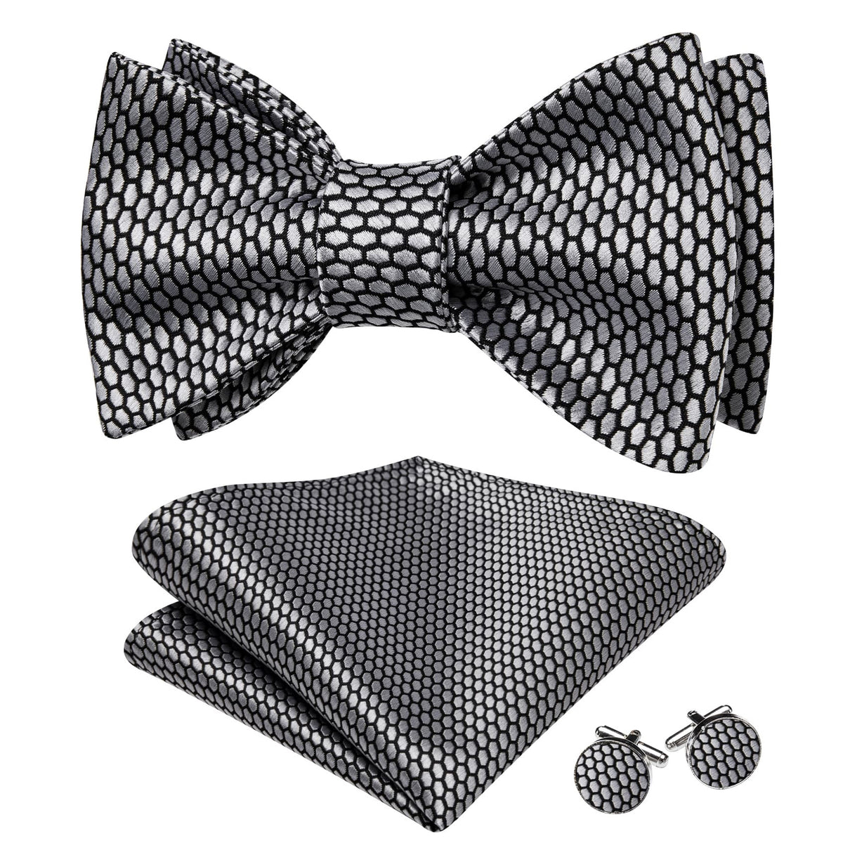 Black Silver Geometric Self-Tied Bow Tie Set - GentCrest