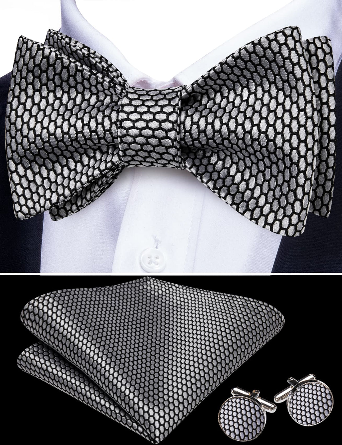 Black Silver Geometric Self-Tied Bow Tie Set - GentCrest - View 2