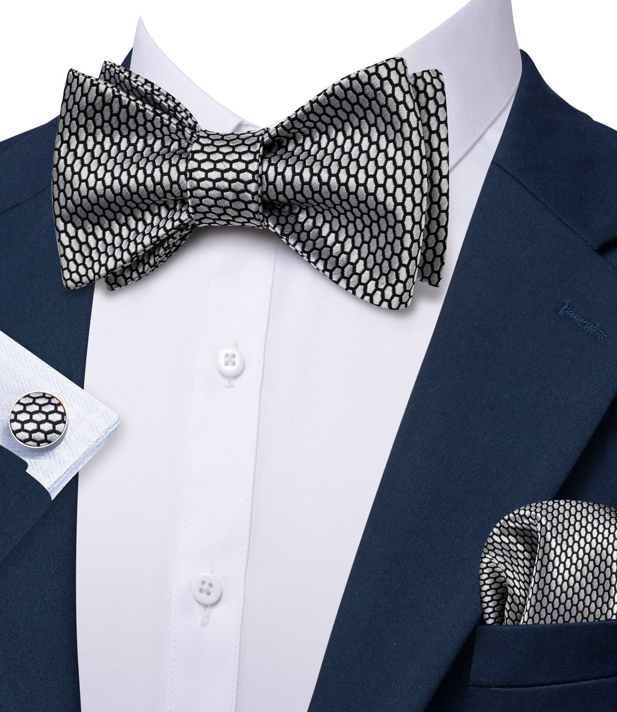 Black Silver Geometric Self-Tied Bow Tie Set - GentCrest - View 3
