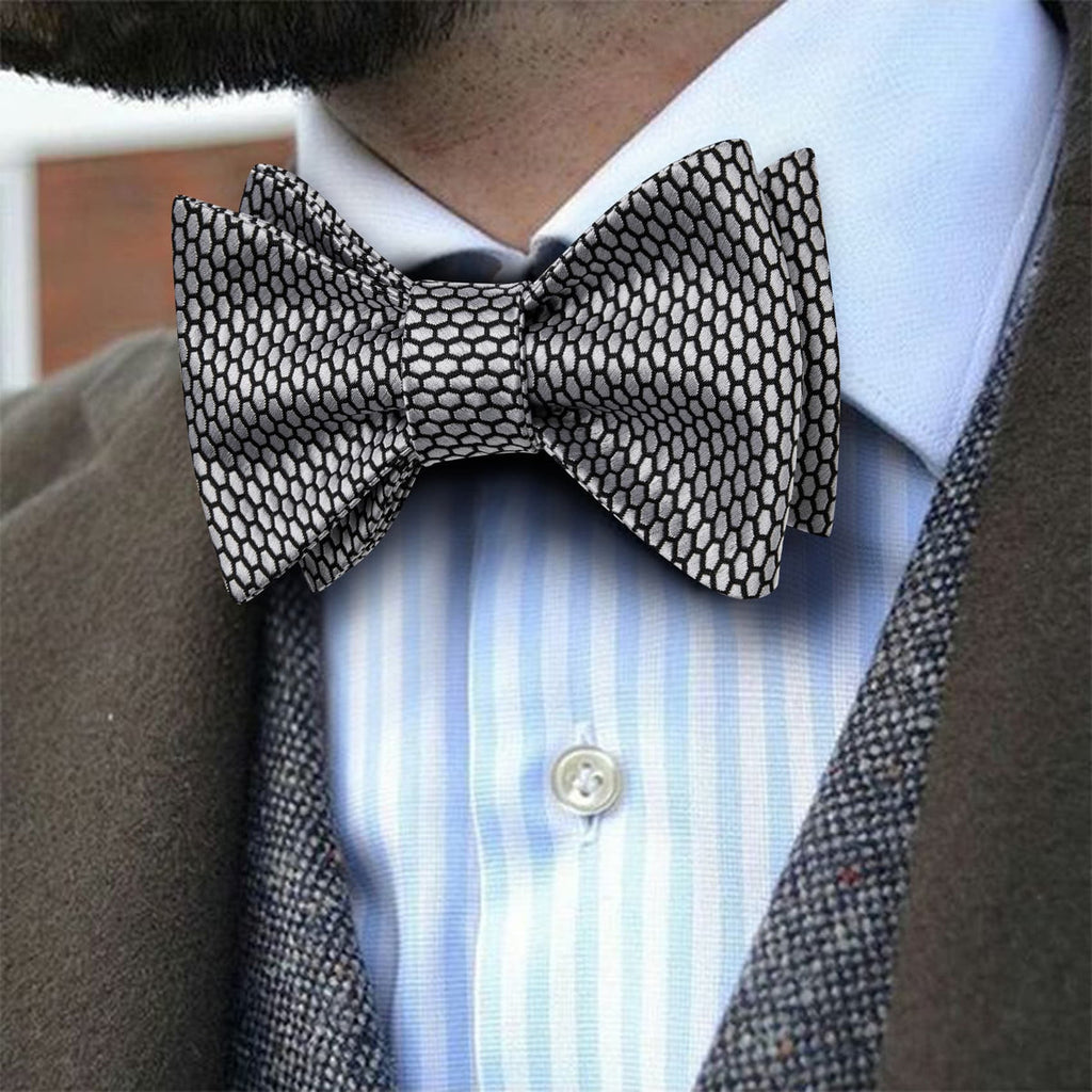 Black Silver Geometric Self-Tied Bow Tie Set - GentCrest - View 4
