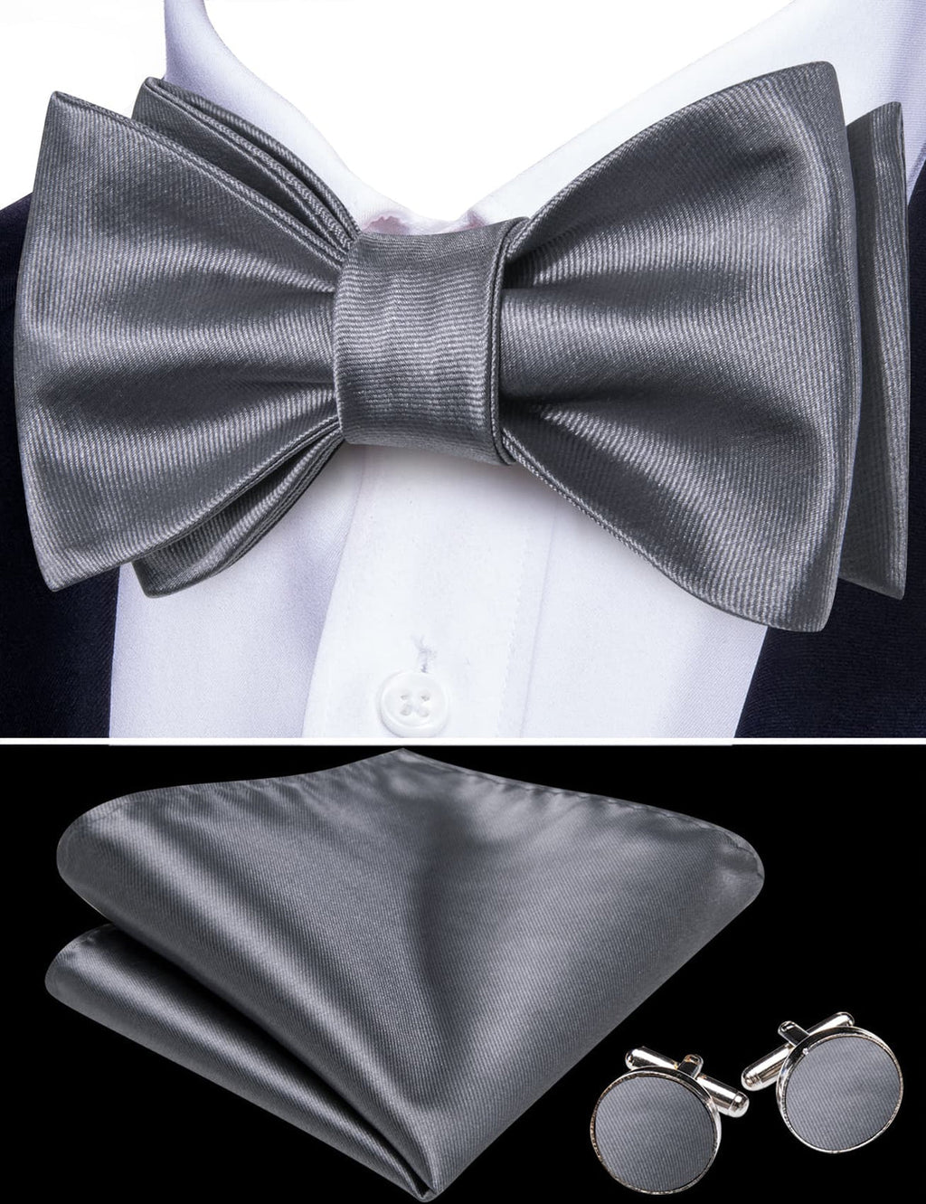 Gray Solid Bow Tie Set - GentCrest - View 2
