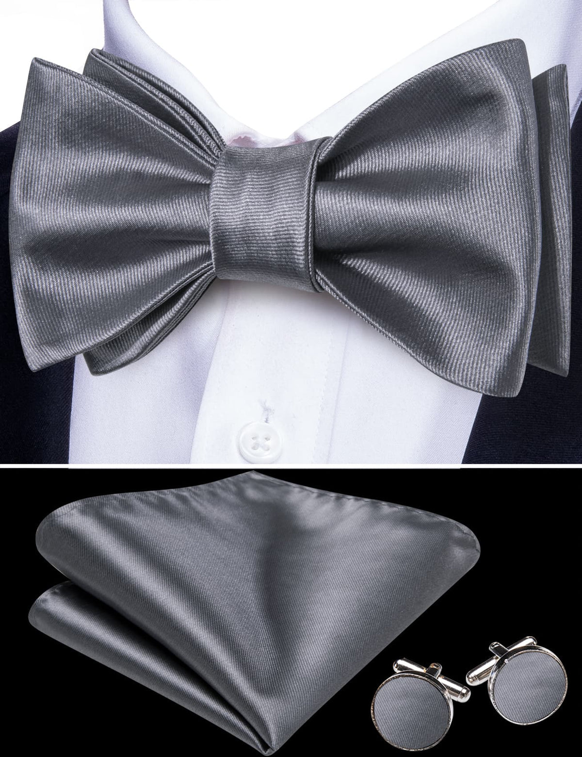 Gray Solid Bow Tie Set - GentCrest - View 2