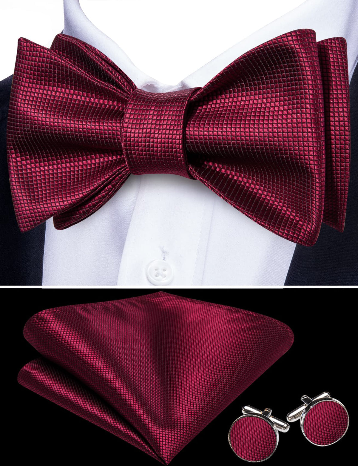 Burgundy Red Plaid Formal Bow Tie Set - GentCrest - View 3