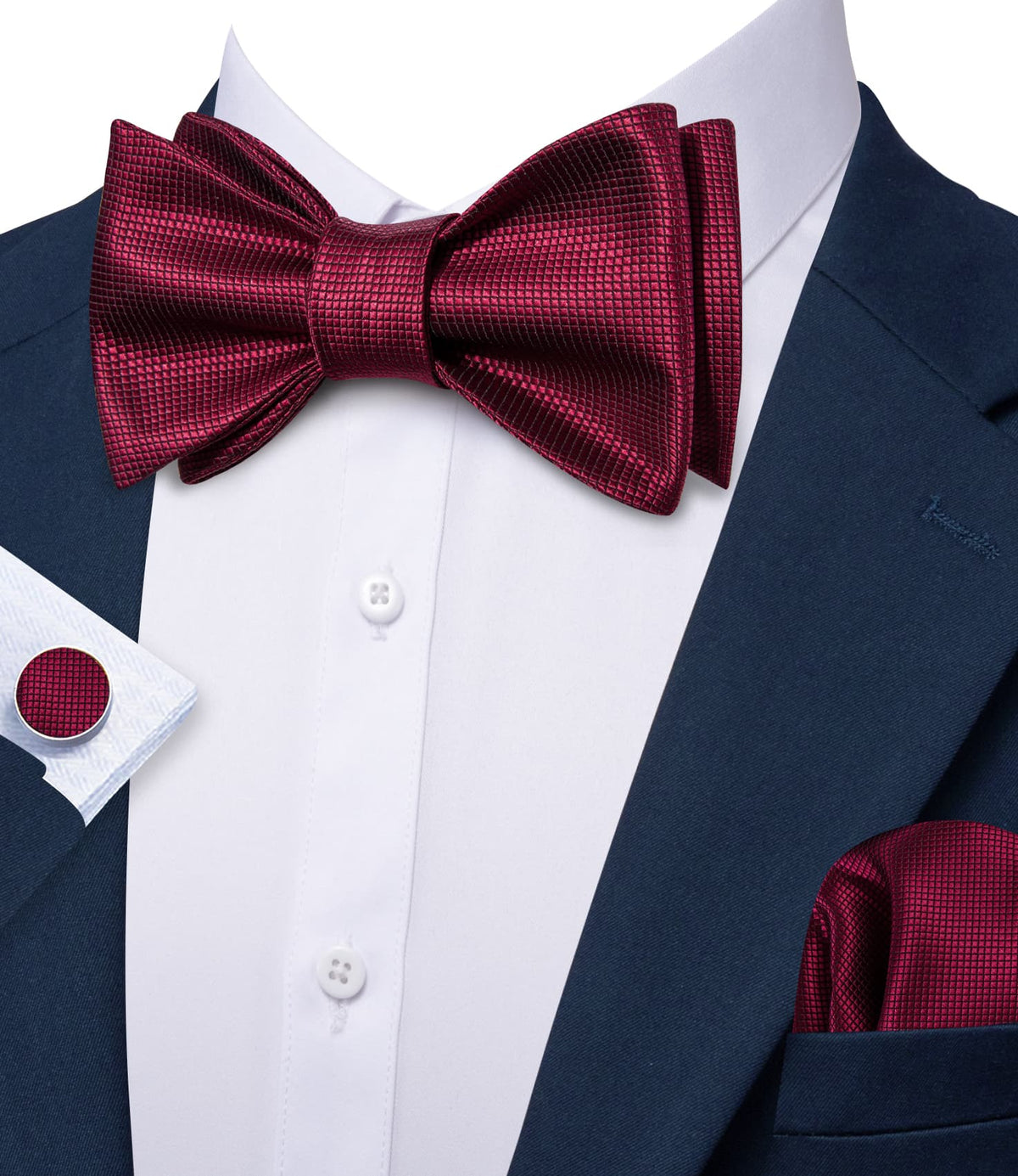 Burgundy Red Plaid Formal Bow Tie Set - GentCrest - View 5
