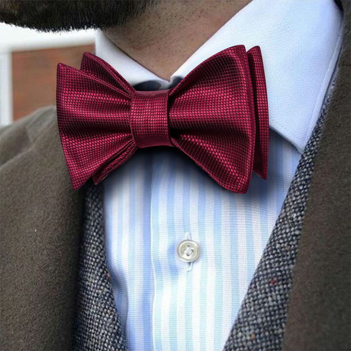 Burgundy Red Plaid Formal Bow Tie Set - GentCrest - View 2