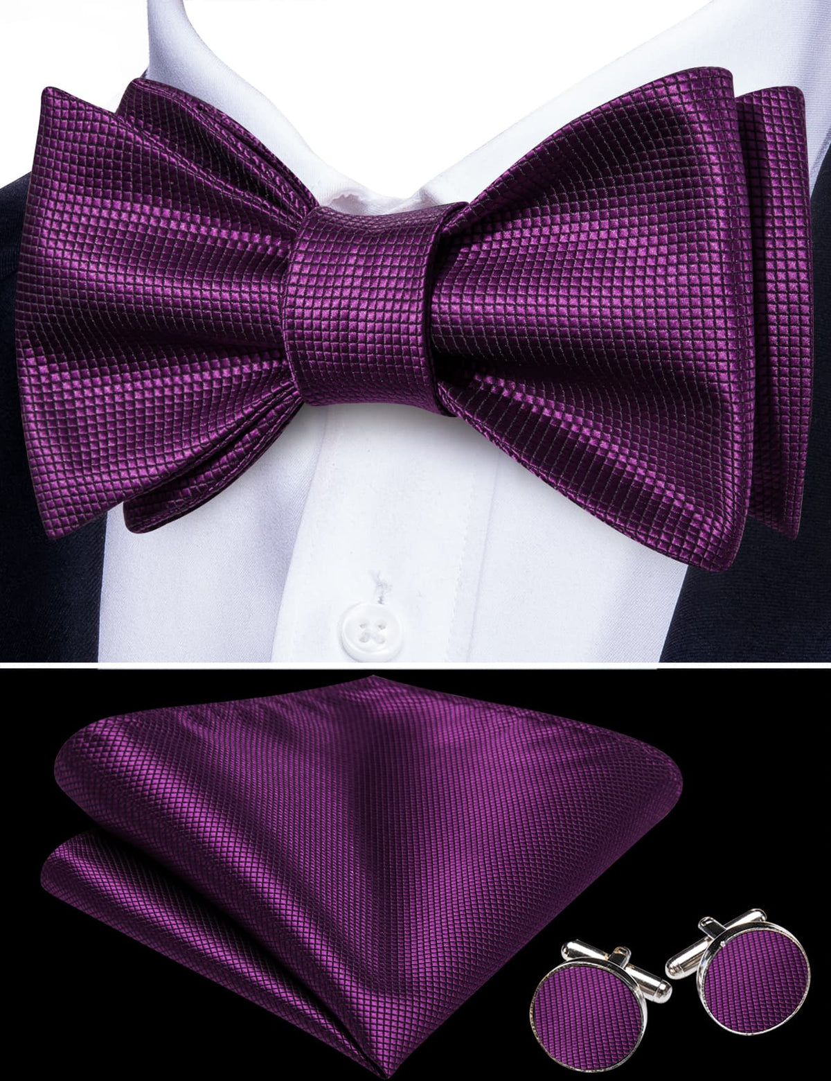 Dark Purple Plaid Formal Bow Tie Set - GentCrest - View 2