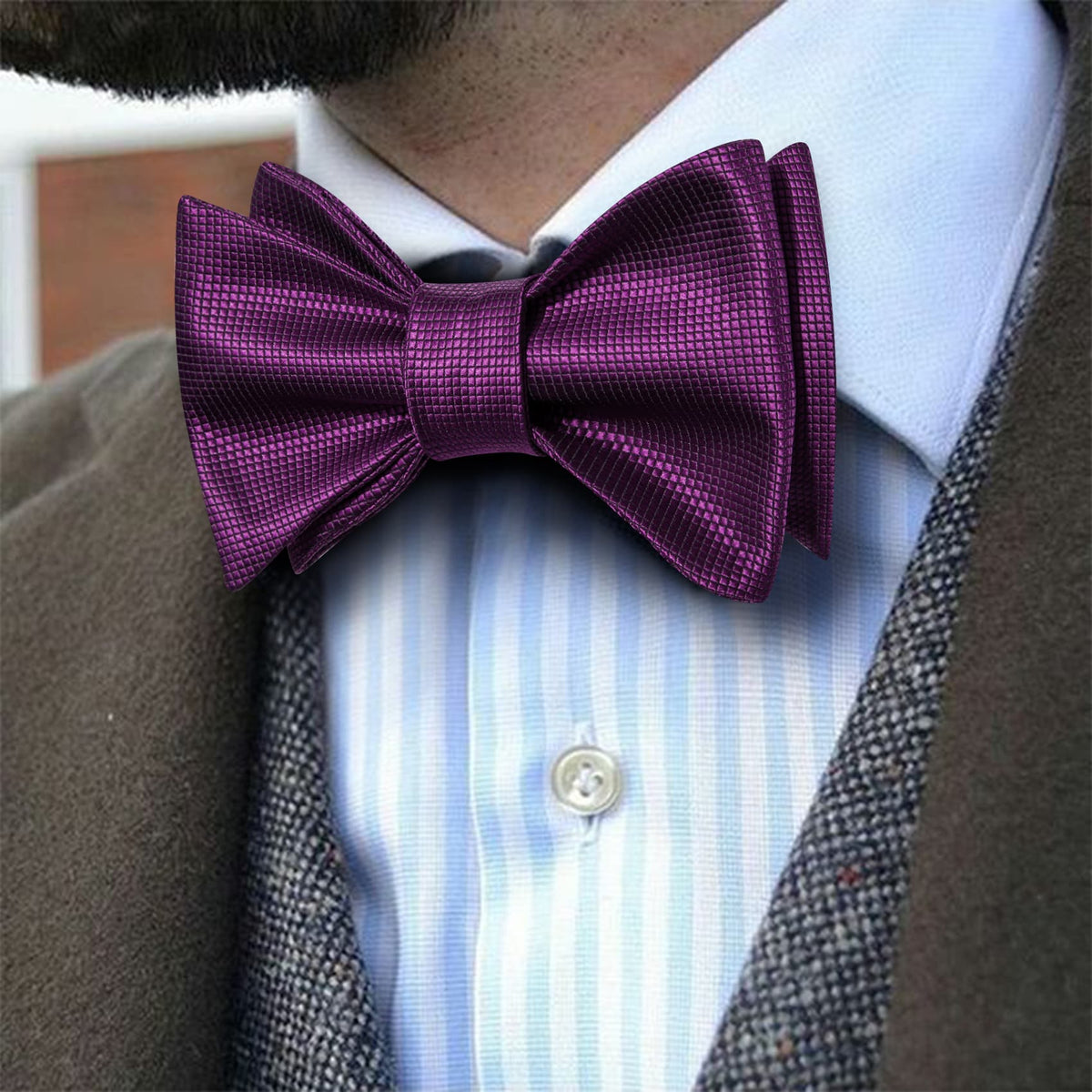 Dark Purple Plaid Formal Bow Tie Set - GentCrest - View 4