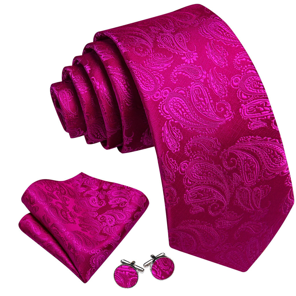 Violet and Red Paisley Jacquard Tie, Pocket Square, and Cufflinks Silk Tie Set - GentCrest - View 2
