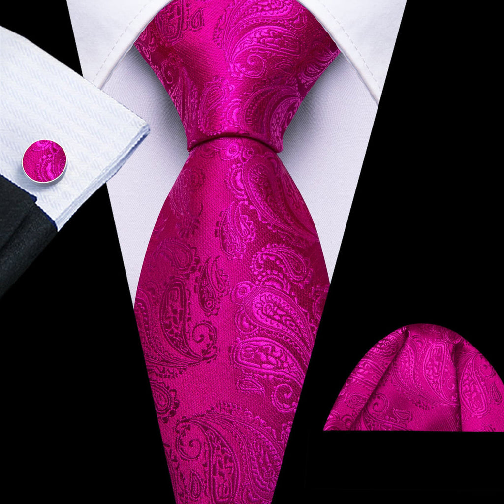 Violet and Red Paisley Jacquard Tie, Pocket Square, and Cufflinks Silk Tie Set - GentCrest