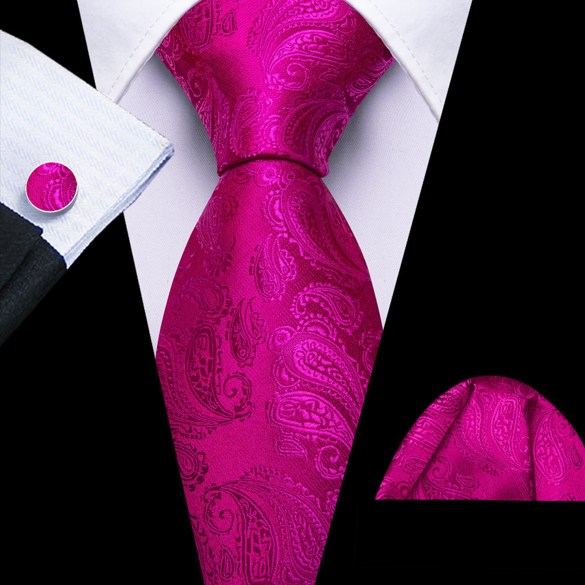 Violet and Red Paisley Jacquard Tie, Pocket Square, and Cufflinks Silk Tie Set - GentCrest