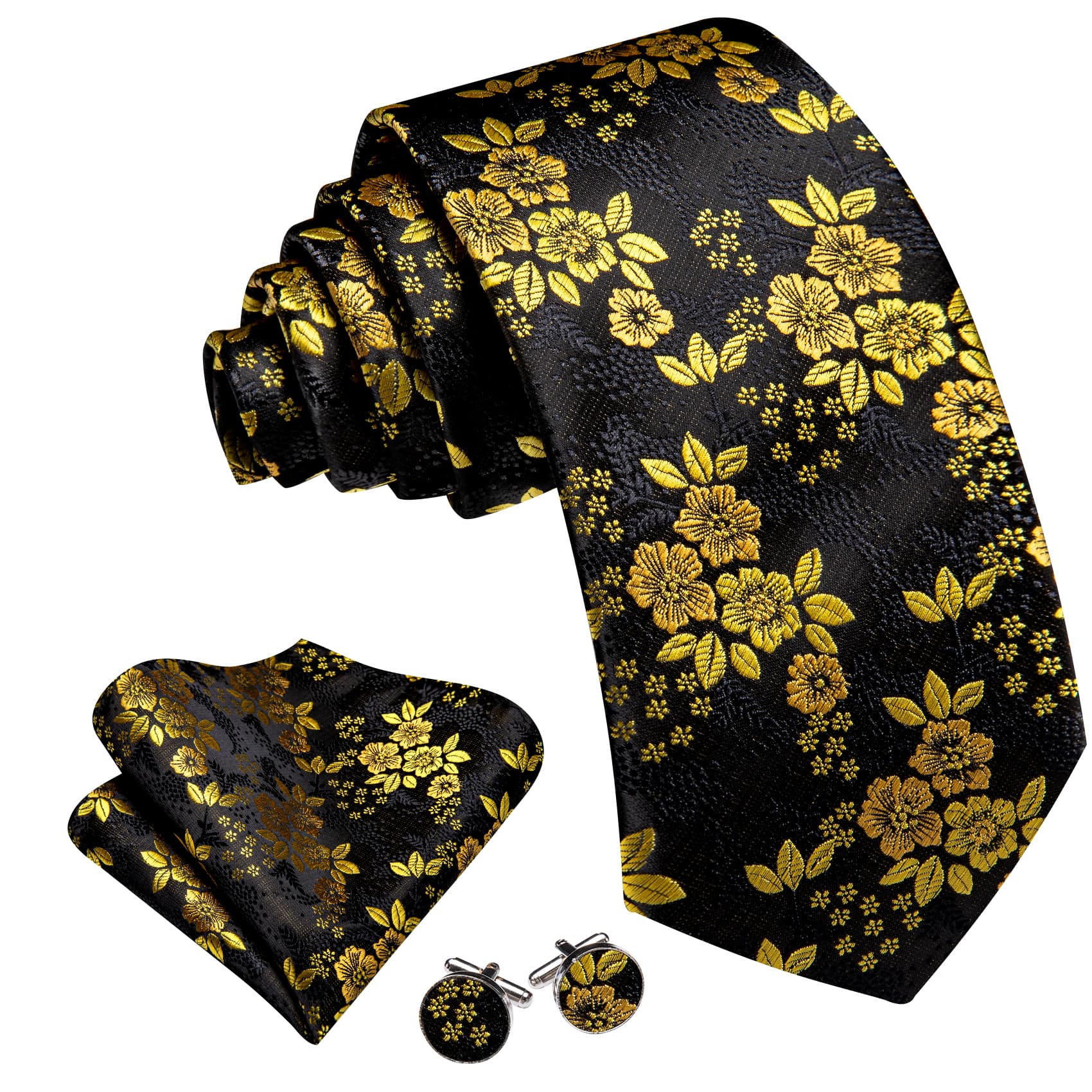 GentCrest Black Floral Tie Hanky Cufflinks Set - Image 3