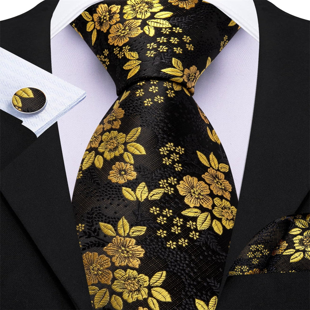 GentCrest Black Floral Tie Hanky Cufflinks Set - Image 2