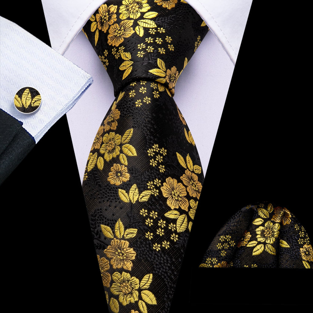 GentCrest Black Floral Tie Hanky Cufflinks Set - Image 1