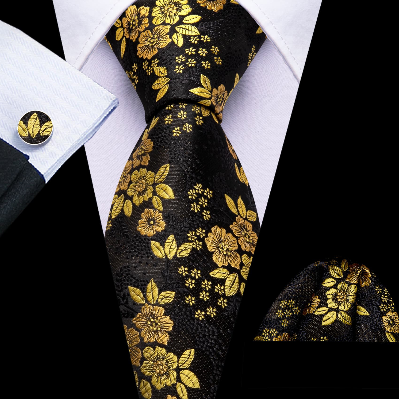 GentCrest Black Floral Tie Hanky Cufflinks Set - Image 1