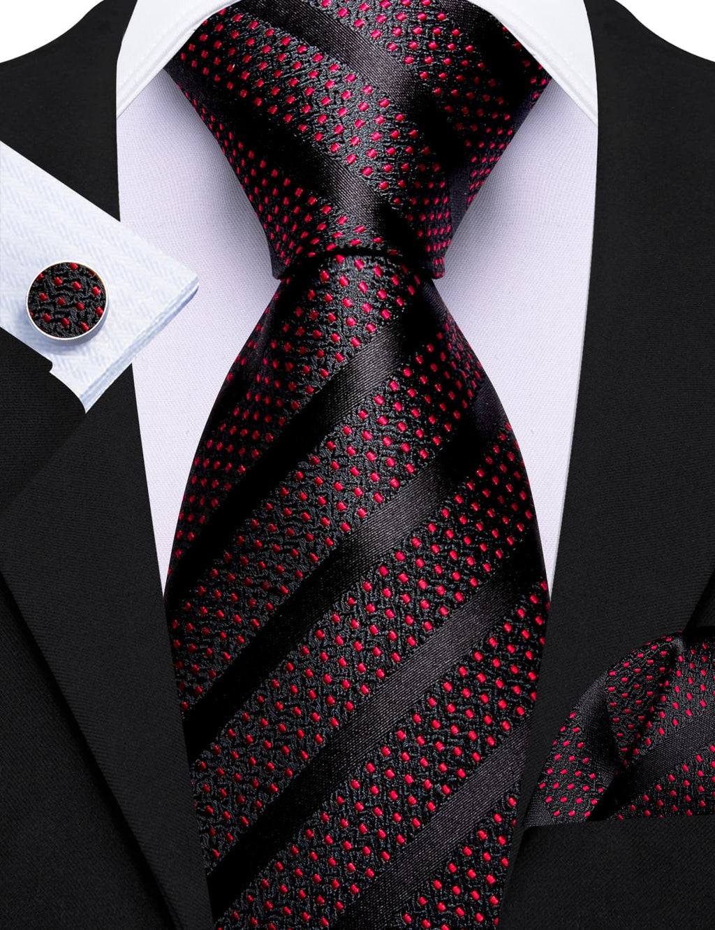 Black Red Polka Dots Silk Tie Set - GentCrest - View 2