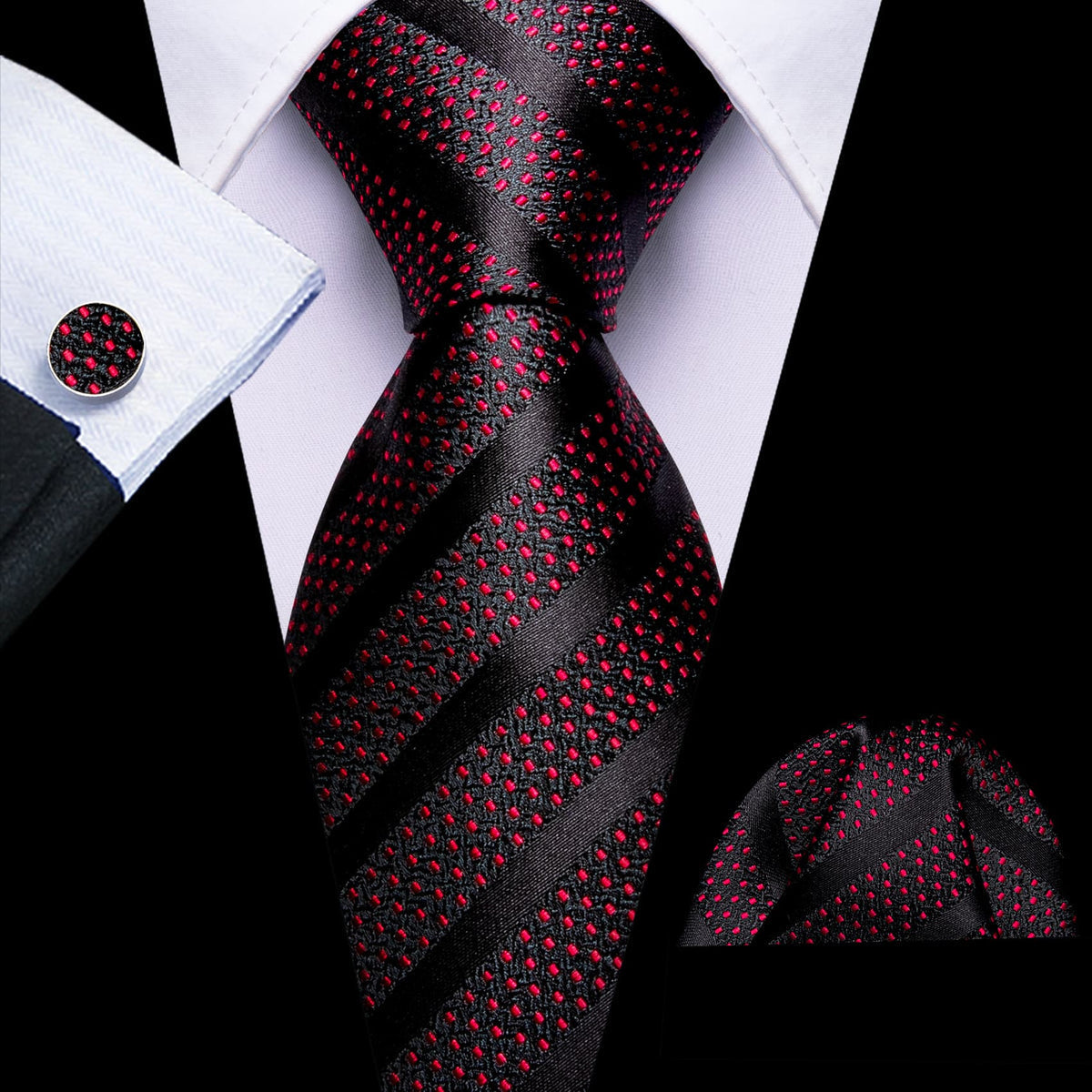 Black Red Polka Dots Silk Tie Set - GentCrest