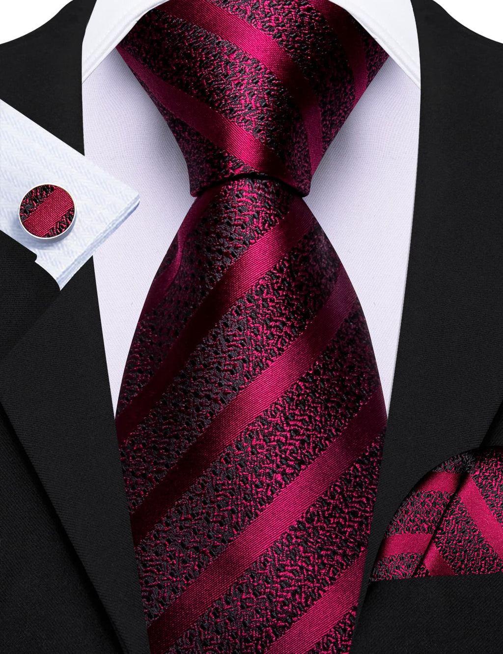 Burgundy Black Red Pattern Silk Tie Set - GentCrest - View 2