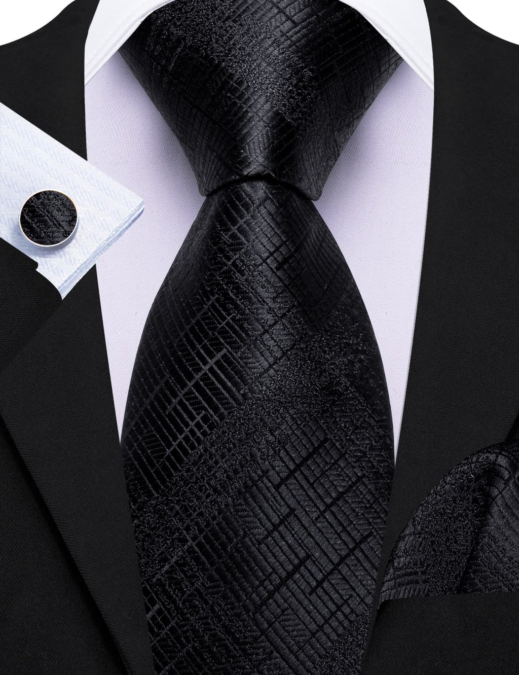 Black Embossed Jacquard Silk Tie Set - GentCrest - View 4