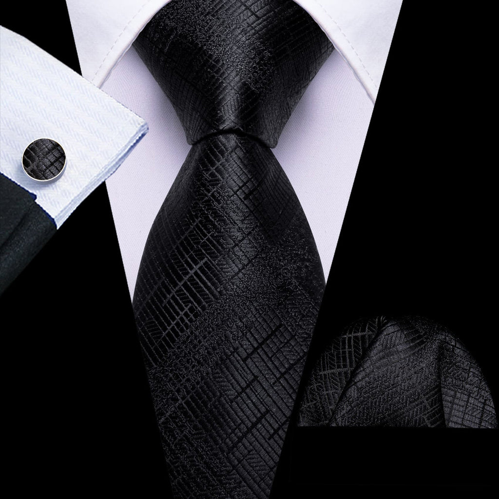 Black Embossed Jacquard Silk Tie Set - GentCrest