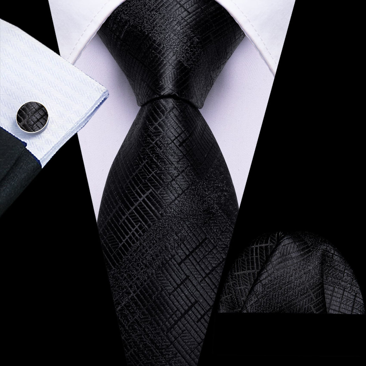 Black Embossed Jacquard Silk Tie Set - GentCrest