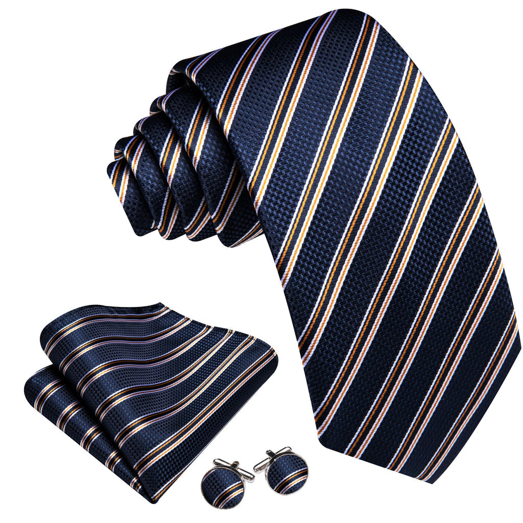 Dark Blue, Black, and Yellow Striped Jacquard Tie, Pocket Square, and Cufflinks Silk Tie Set - GentCrest - View 3