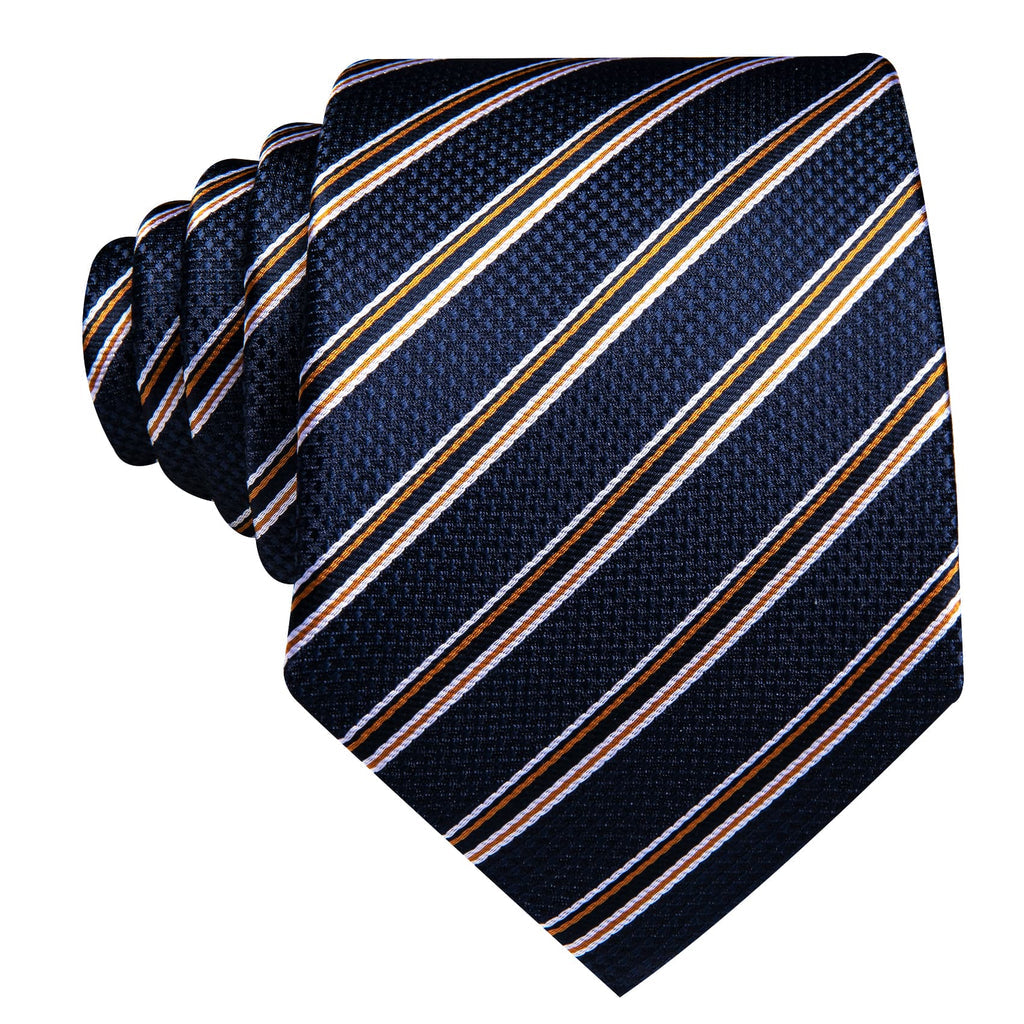 Dark Blue, Black, and Yellow Striped Jacquard Tie, Pocket Square, and Cufflinks Silk Tie Set - GentCrest - View 2
