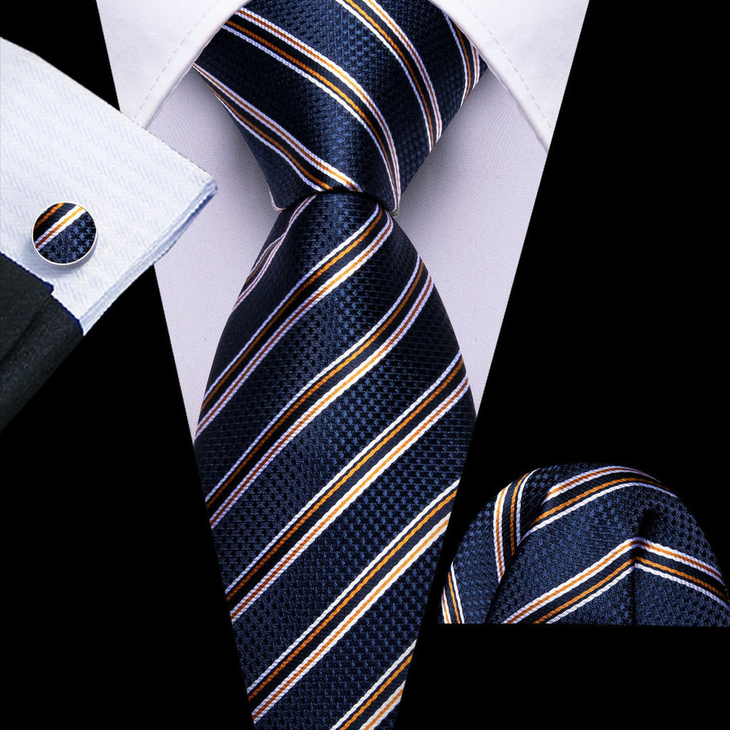 Dark Blue, Black, and Yellow Striped Jacquard Tie, Pocket Square, and Cufflinks Silk Tie Set - GentCrest