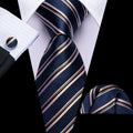 Dark Blue, Black, and Yellow Striped Jacquard Tie, Pocket Square, and Cufflinks Silk Tie Set - GentCrest