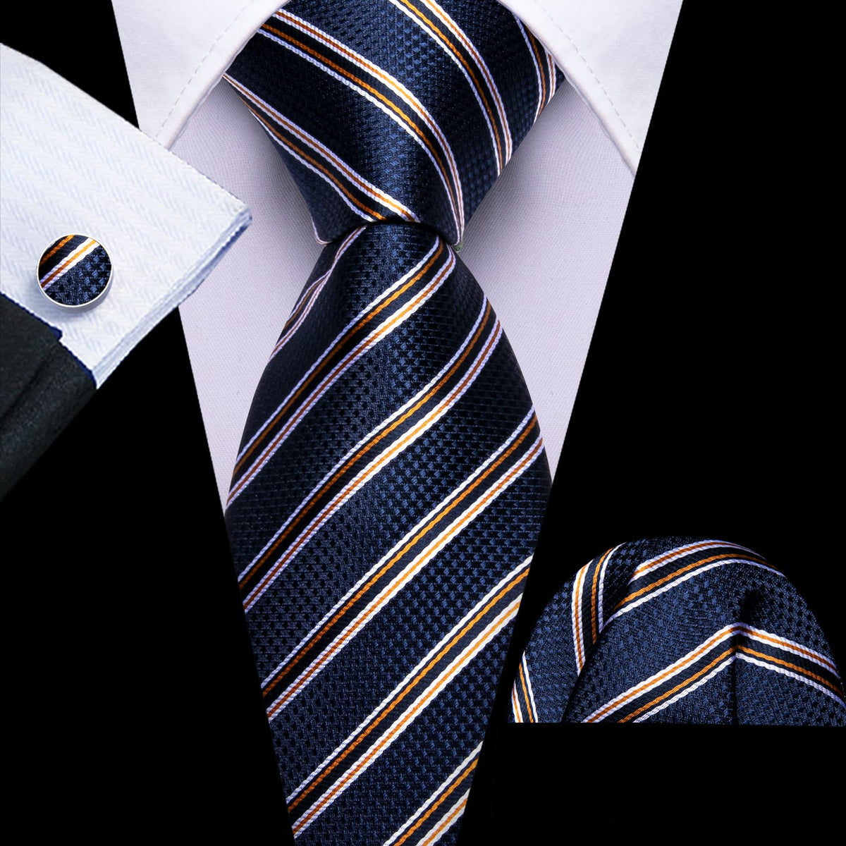 Dark Blue, Black, and Yellow Striped Jacquard Tie, Pocket Square, and Cufflinks Silk Tie Set - GentCrest