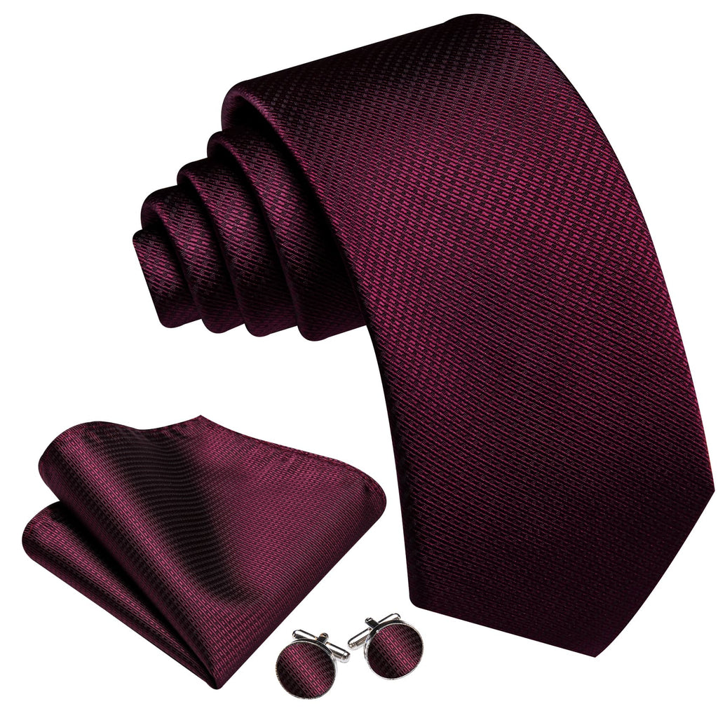 Dark Red Geometric Jacquard Tie, Pocket Square, and Cufflinks Silk Tie Set - GentCrest - View 3