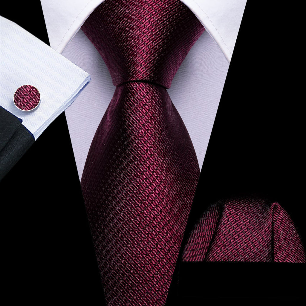 Dark Red Geometric Jacquard Tie, Pocket Square, and Cufflinks Silk Tie Set - GentCrest