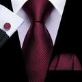 Dark Red Geometric Jacquard Tie, Pocket Square, and Cufflinks Silk Tie Set - GentCrest
