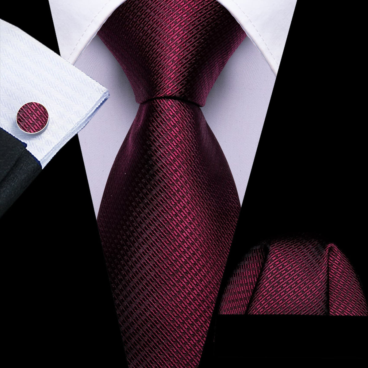 Dark Red Geometric Jacquard Tie, Pocket Square, and Cufflinks Silk Tie Set - GentCrest