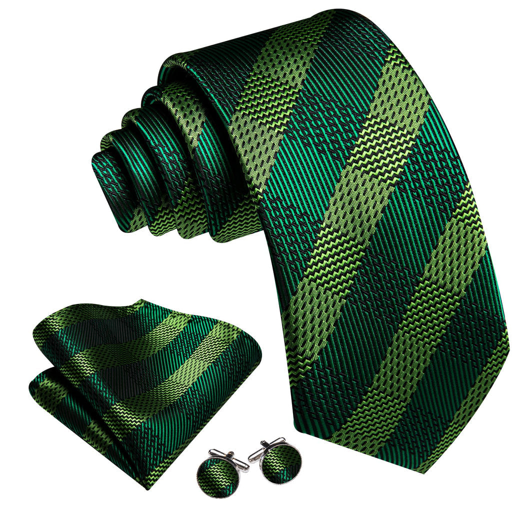 Dark Green and Chartreuse Checkered Tie, Pocket Square, and Cufflinks Silk Tie Set - GentCrest - View 2