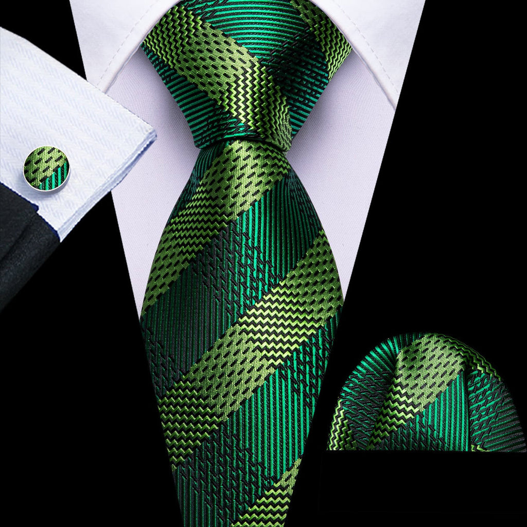 Dark Green and Chartreuse Checkered Tie, Pocket Square, and Cufflinks Silk Tie Set - GentCrest