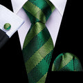 Dark Green and Chartreuse Checkered Tie, Pocket Square, and Cufflinks Silk Tie Set - GentCrest