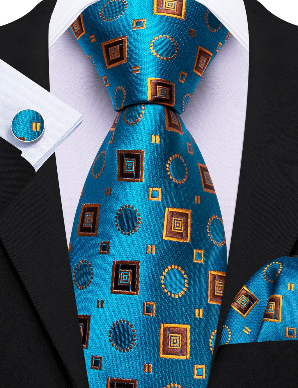 Sky Blue Orange Brown Squares Novelty Silk Tie Set - GentCrest - View 2