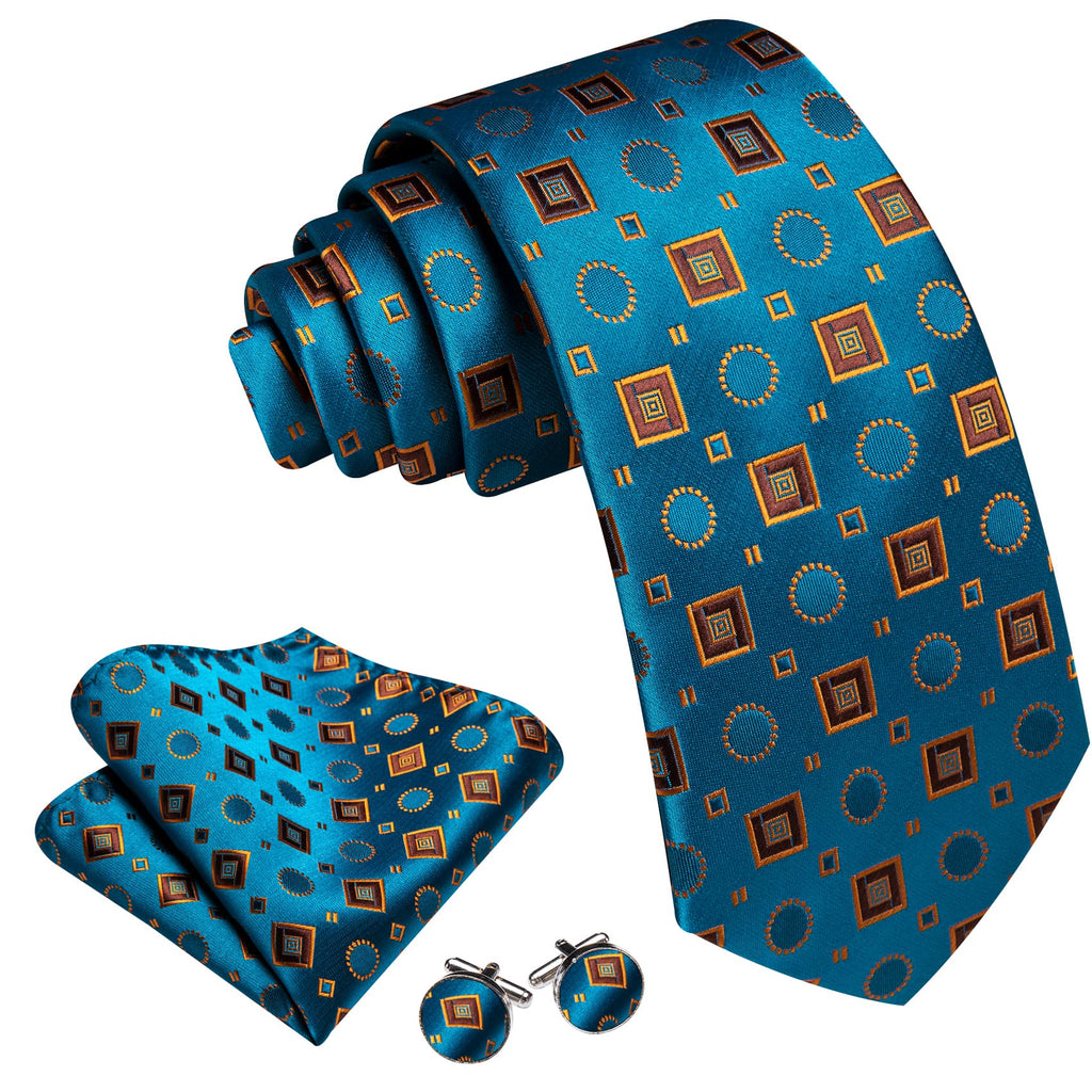 Sky Blue Orange Brown Squares Novelty Silk Tie Set - GentCrest - View 3