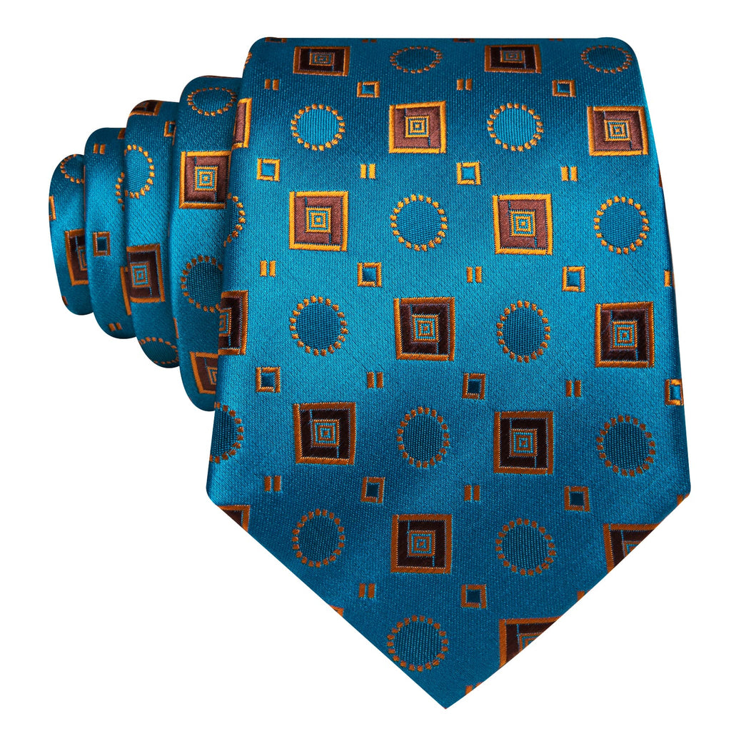 Sky Blue Orange Brown Squares Novelty Silk Tie Set - GentCrest - View 4