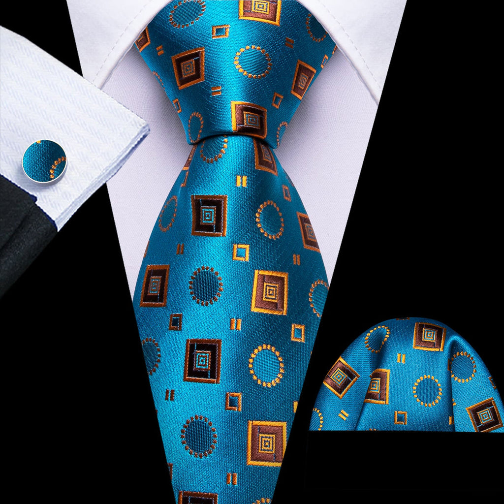 Sky Blue Orange Brown Squares Novelty Silk Tie Set - GentCrest