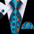 Sky Blue Orange Brown Squares Novelty Silk Tie Set - GentCrest