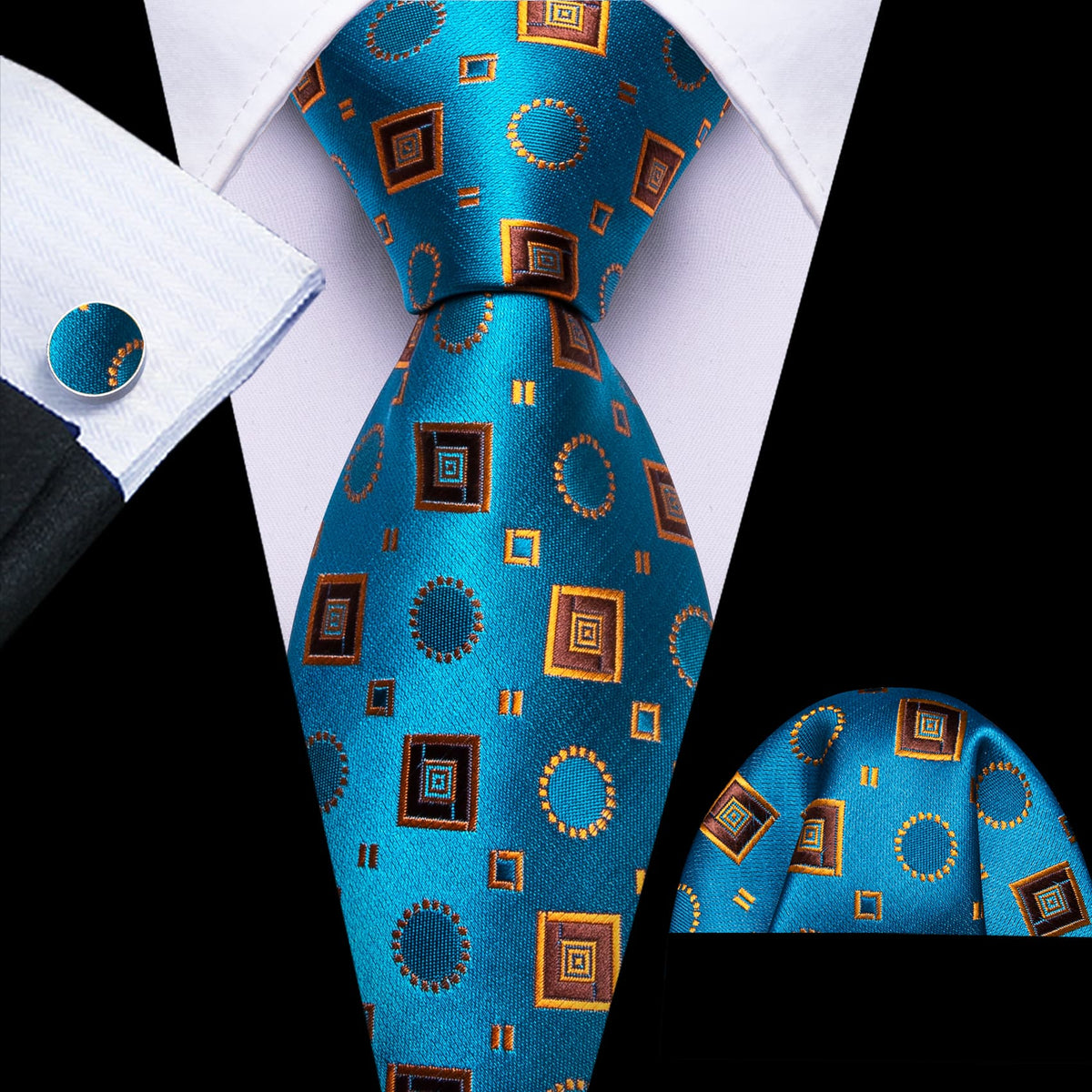 Sky Blue Orange Brown Squares Novelty Silk Tie Set - GentCrest
