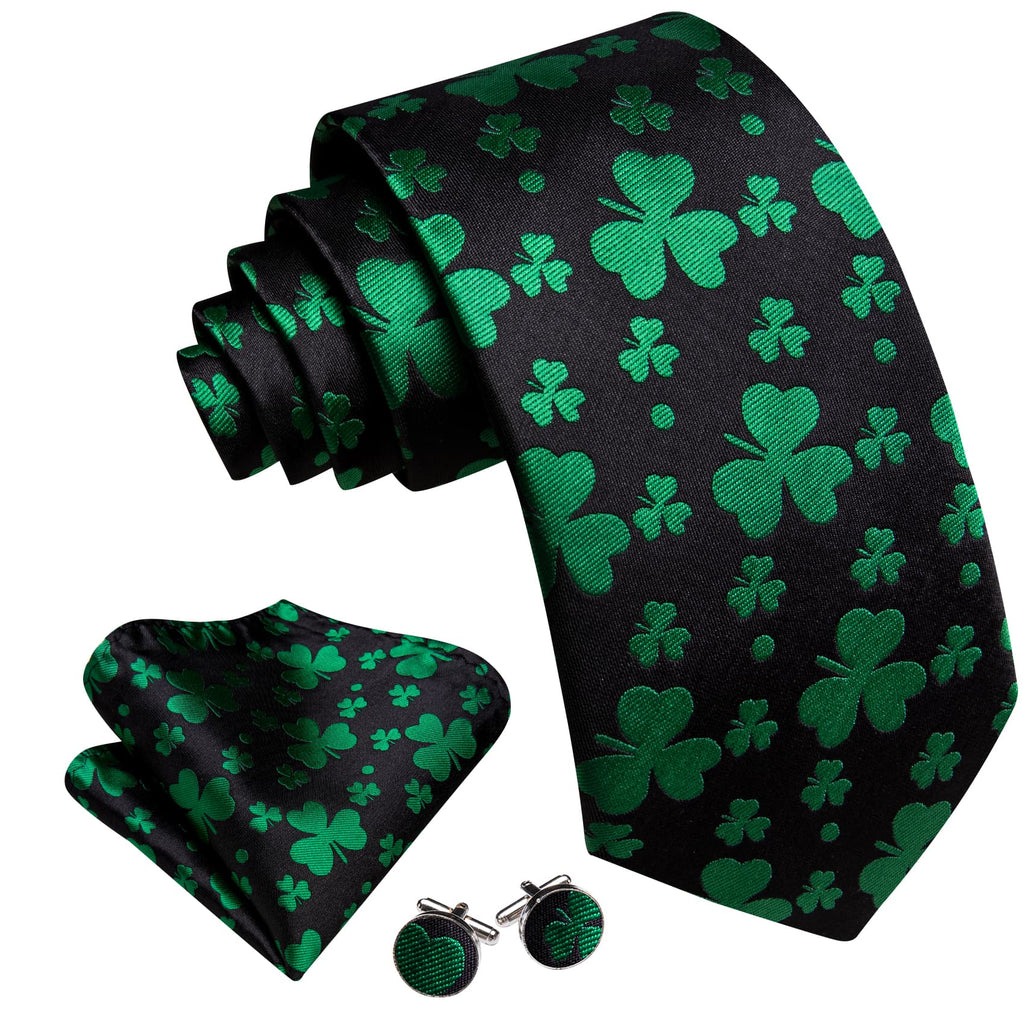Black & Emerald Clover Silk Tie Set - GentCrest - View 2
